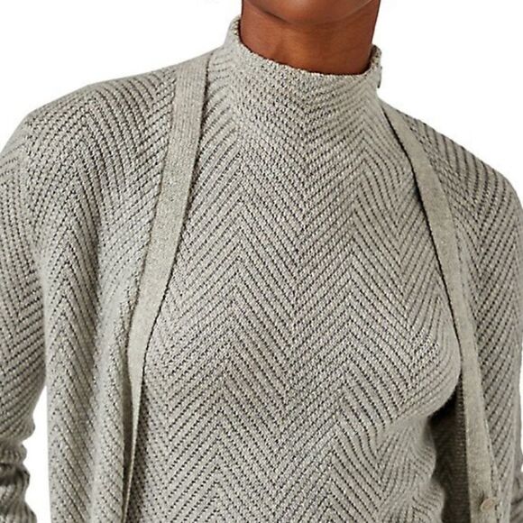 Ralph Lauren Gray Cashmere V-Neck Metallic Herringbone Knit Cardigan Sweater - Picture 5 of 16